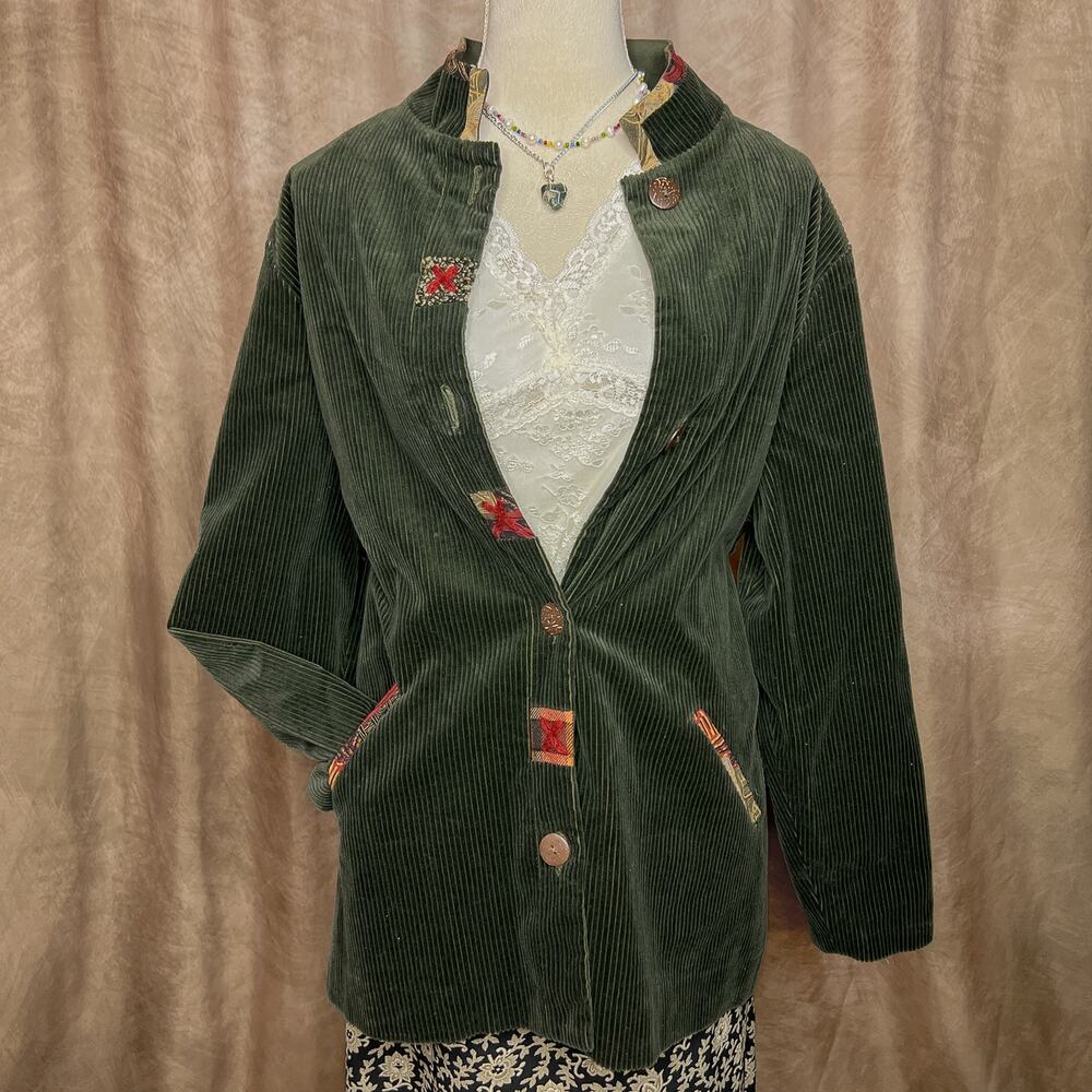 Vintage 90s Green Corduroy Jacket Patchwork Embroidered Boho Cabincore Outdoor